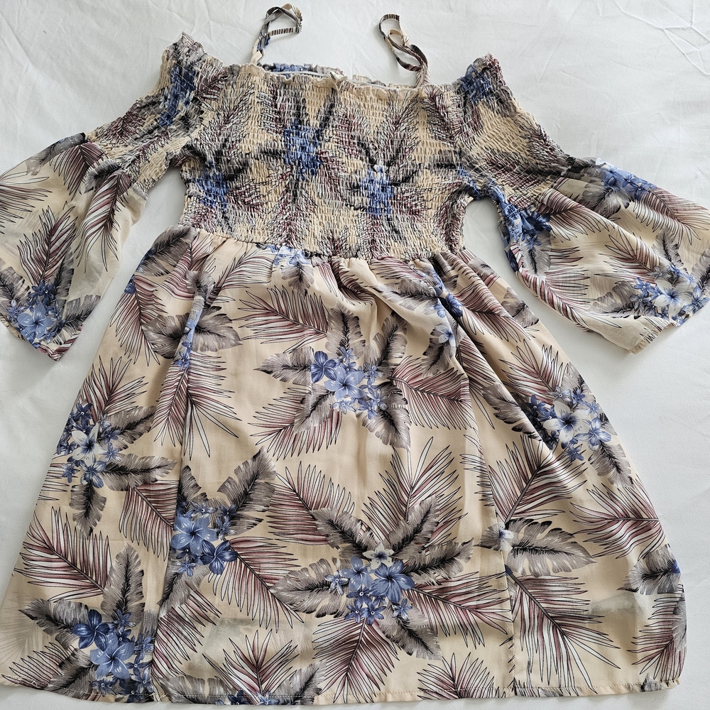 Off-Shoulder Dress with Blue and Cream Floral Pattern